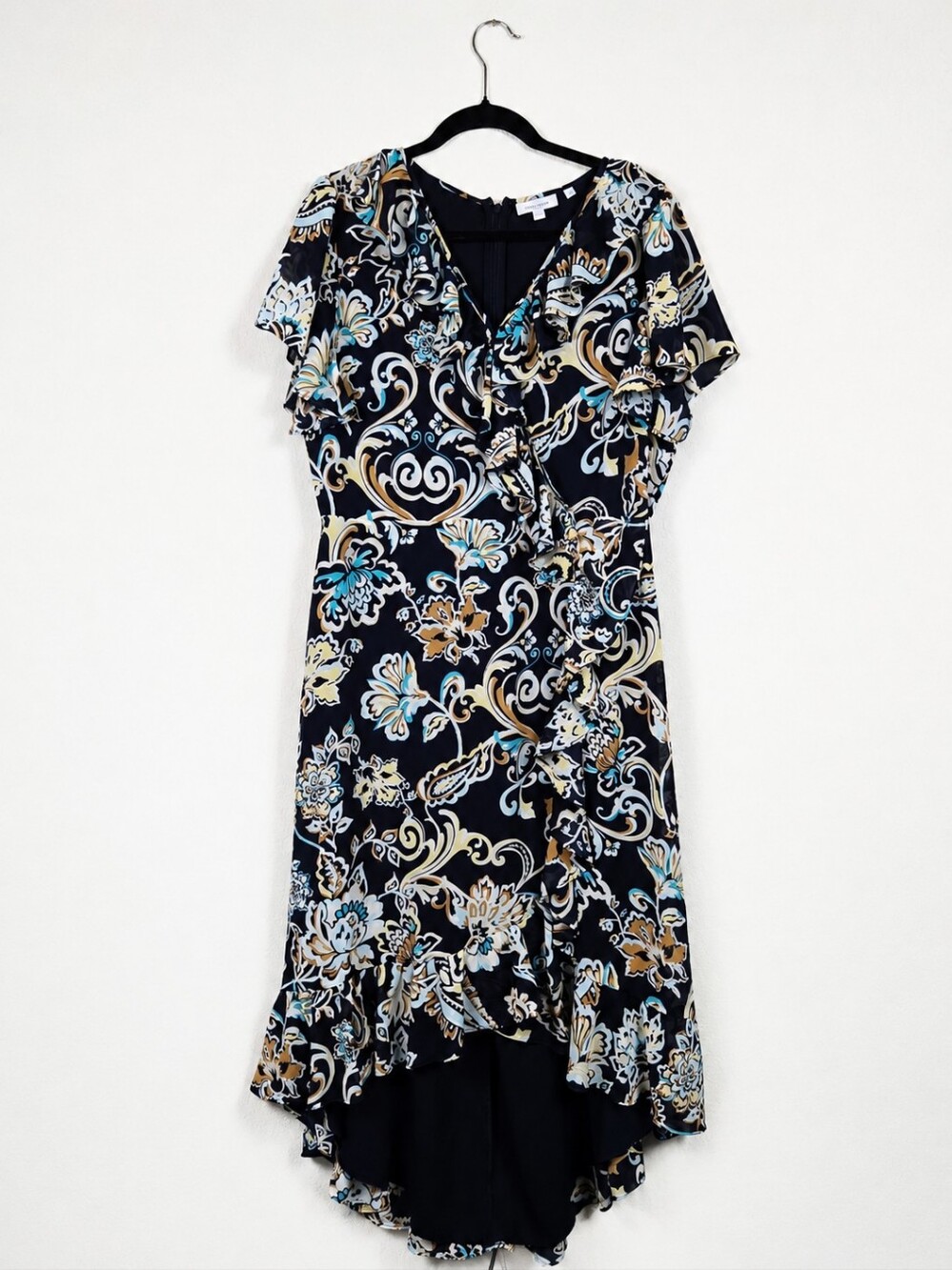 Chico's Size 12 Paisley Floral Ruffle High Low Maxi Dress Boho Resort Femenine L